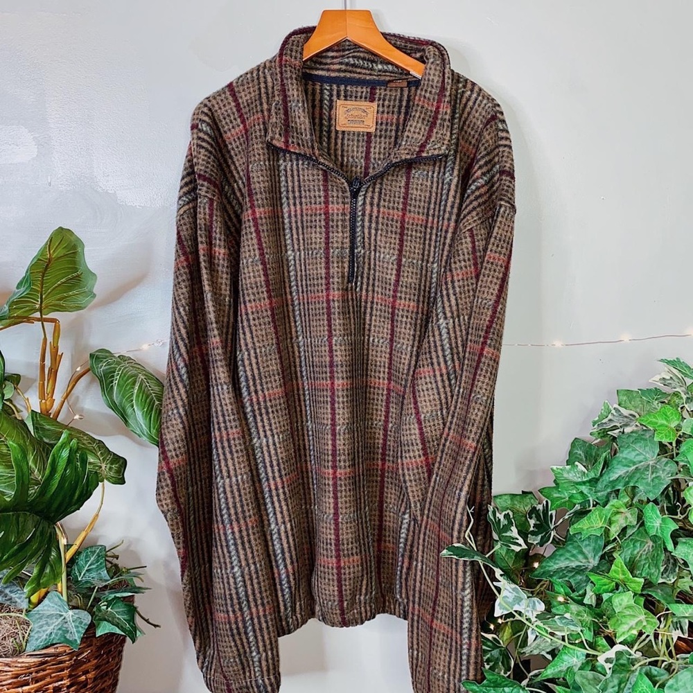 90s Vintage St. John's Bay Oversized Brown and Red Plaid Quarter Zip Fleece